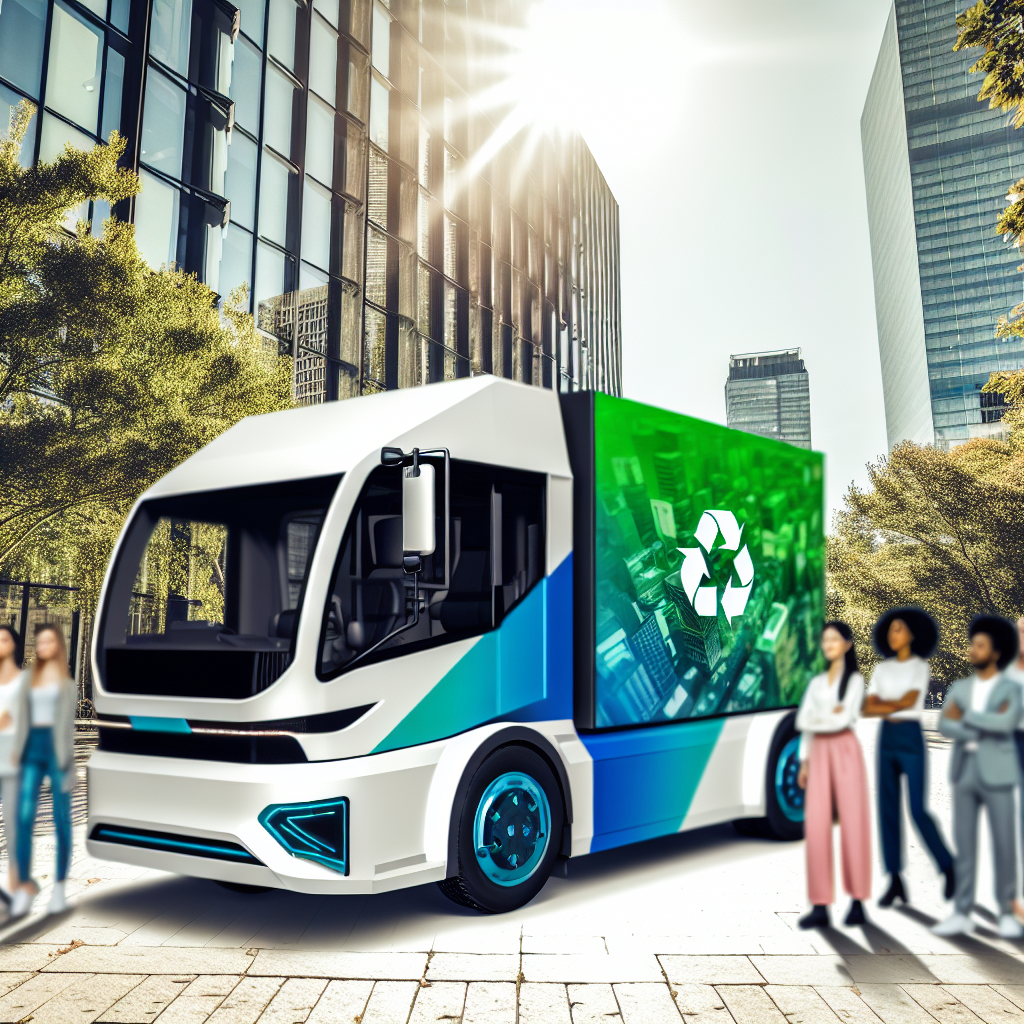 A Harbinger electric truck designed for urban environments, showcasing a sleek and modern design with eco-friendly features, parked in a busy city landscape.