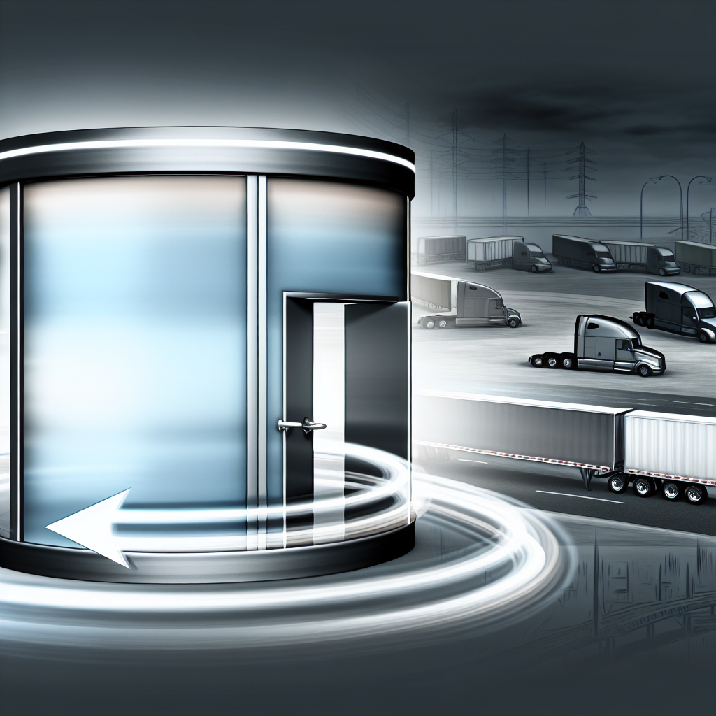 Representation of driver turnover in the trucking industry with a revolving door symbolizing employment dynamics in private fleets