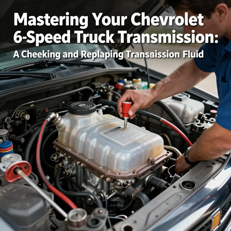 Technician examining transmission fluid level in a Chevrolet truck.