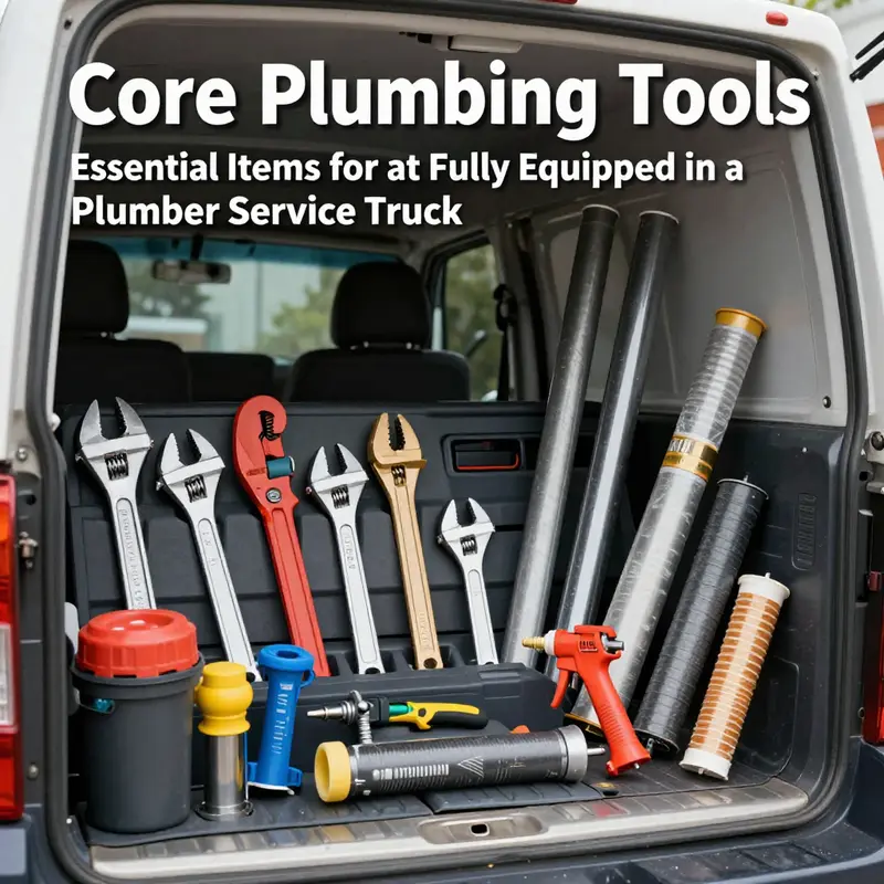 An organized interior view of a service truck displaying essential plumbing tools for efficient operation.