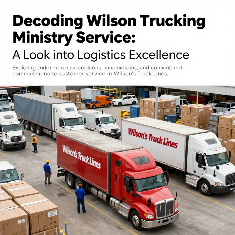 A busy distribution center with trucks and workers of Wilson's Truck Lines engaged in logistics operations.