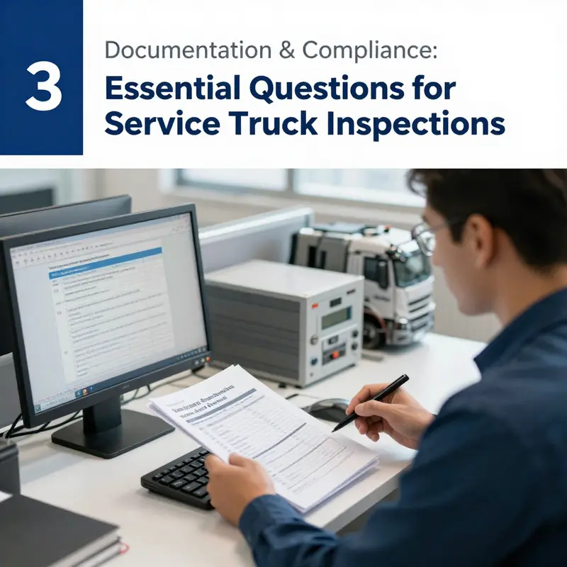 A technician conducts a thorough exterior inspection of a service truck to ensure safety and operational readiness.