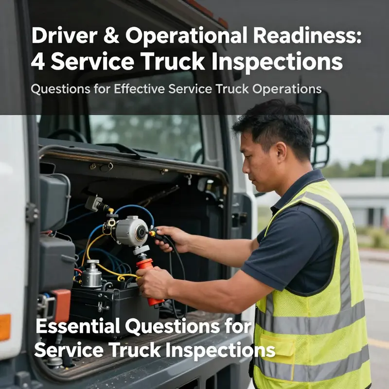 A technician conducts a thorough exterior inspection of a service truck to ensure safety and operational readiness.