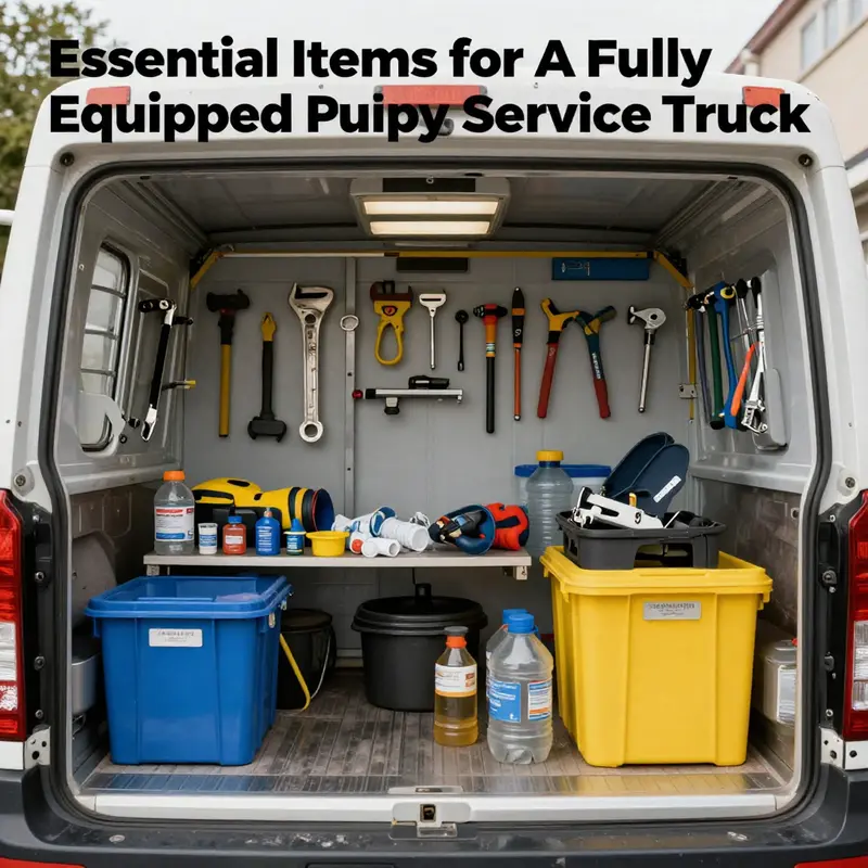 An overview of a well-organized plumber service truck, highlighting a range of tools, fixtures, and safety equipment essential for plumbing tasks.