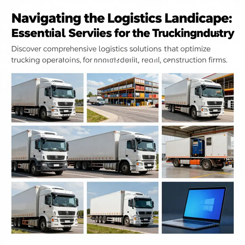 A collage illustrating various logistics services in the trucking industry, including trucks, a warehouse, and tracking technology.