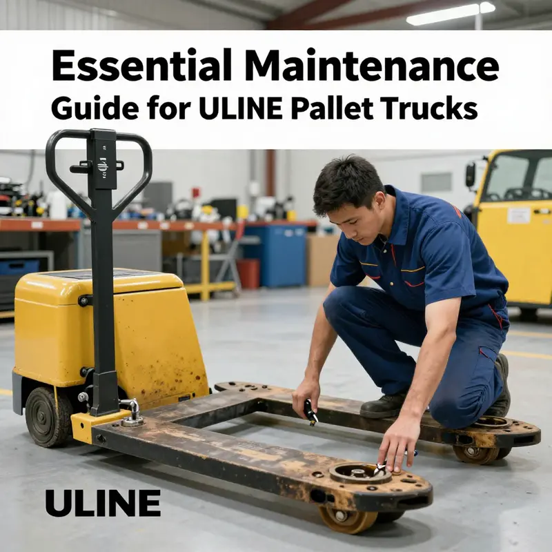 A technician performing a thorough inspection of a ULINE pallet truck to ensure safe and efficient operation.