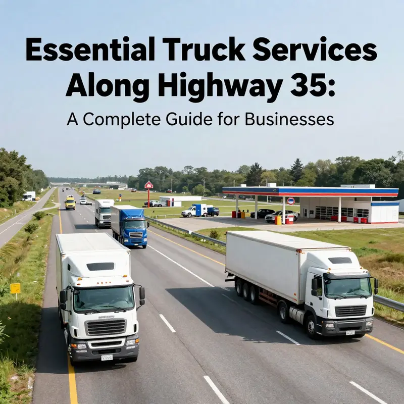 A panoramic view of trucks traveling along Highway 35, with visible service locations for maintenance and assistance.