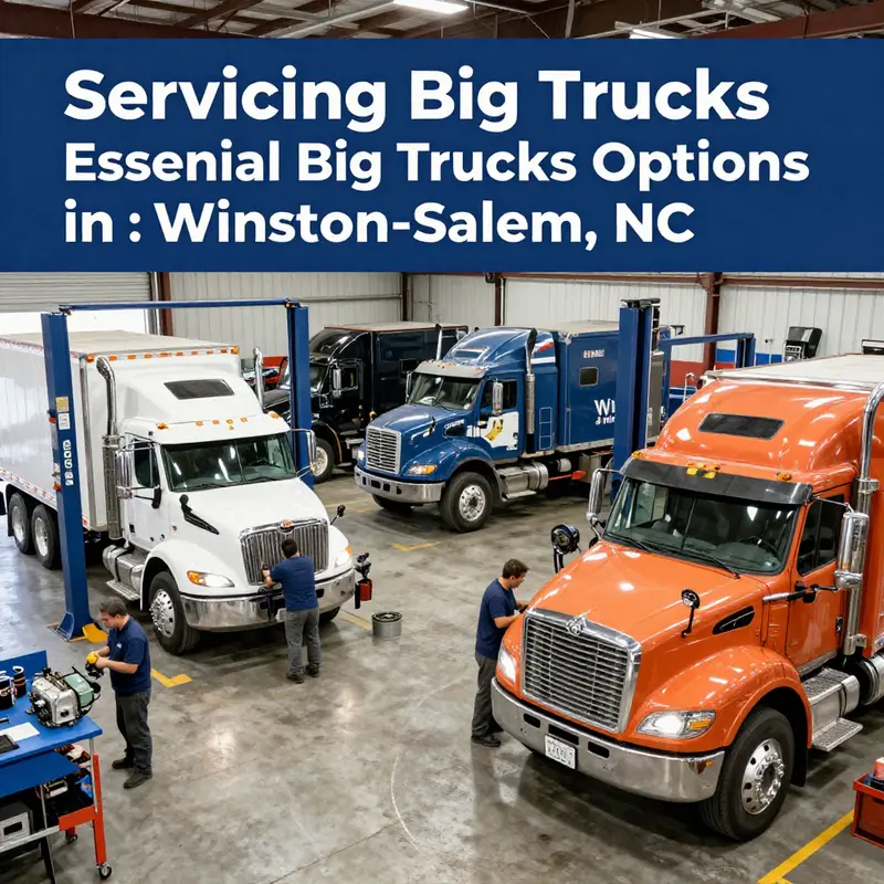 Overview of a busy truck repair shop in Winston-Salem, highlighting the comprehensive truck servicing available.