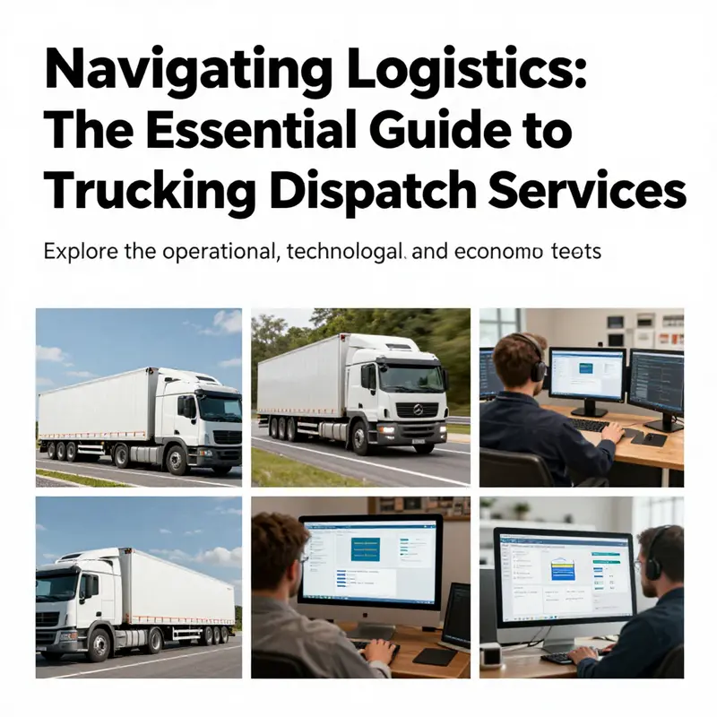 Images of trucks in transit, dispatchers coordinating logistics, and technology interfaces demonstrating dispatch services.