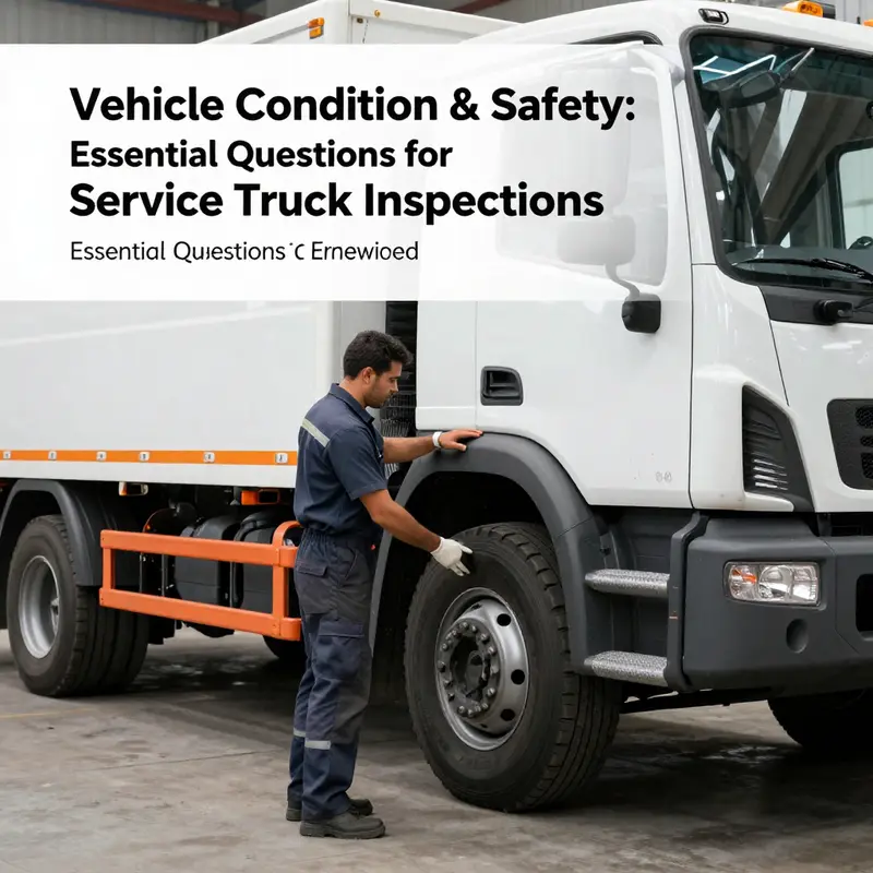 A technician conducts a thorough exterior inspection of a service truck to ensure safety and operational readiness.
