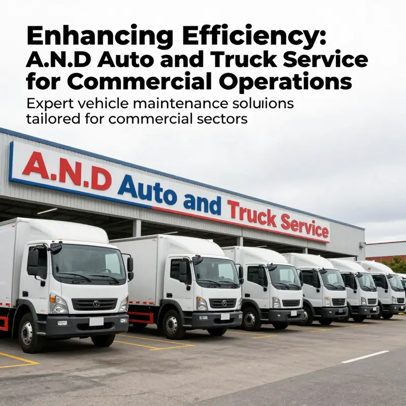 A view of A.N.D Auto and Truck Service facility with clear branding, showcasing a fleet of trucks indicating professional service.