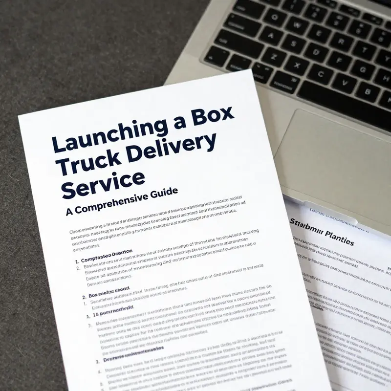 Illustration of business planning for a box truck delivery service with essential documents and strategic tools.