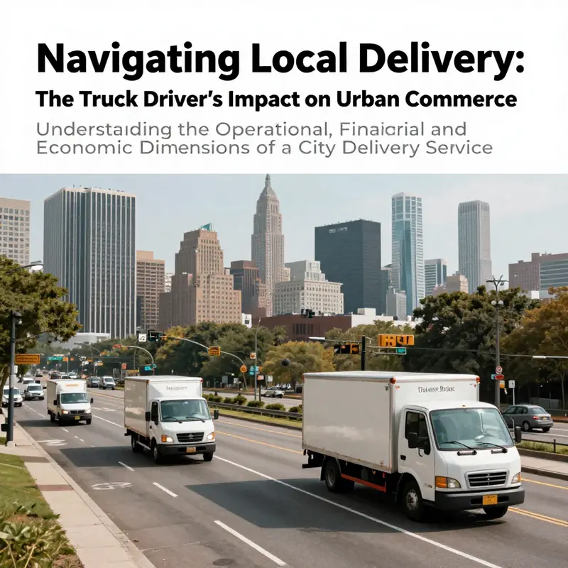 A city skyline with delivery trucks on the streets, symbolizing urban logistics and commerce.