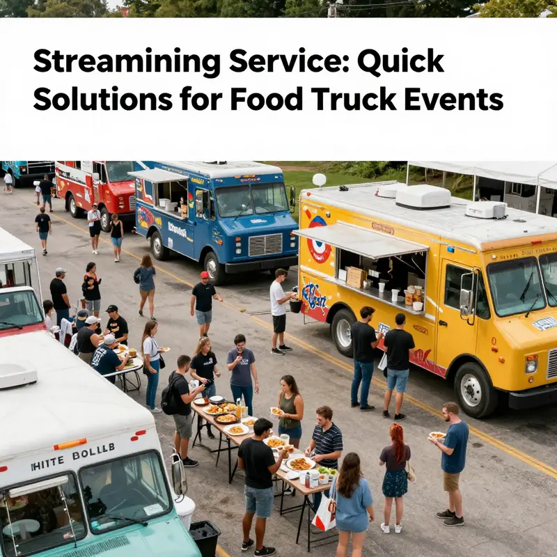 General view of a lively food truck event with multiple trucks and customers enjoying their meals.