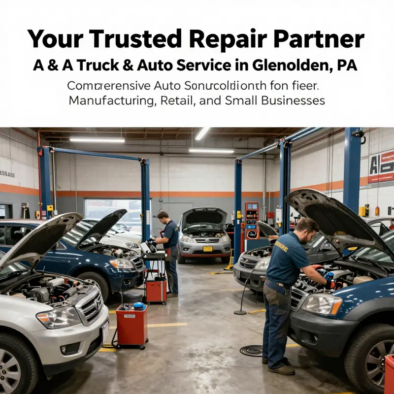 Busy auto repair shop with mechanics working on vehicles and various tools in use.
