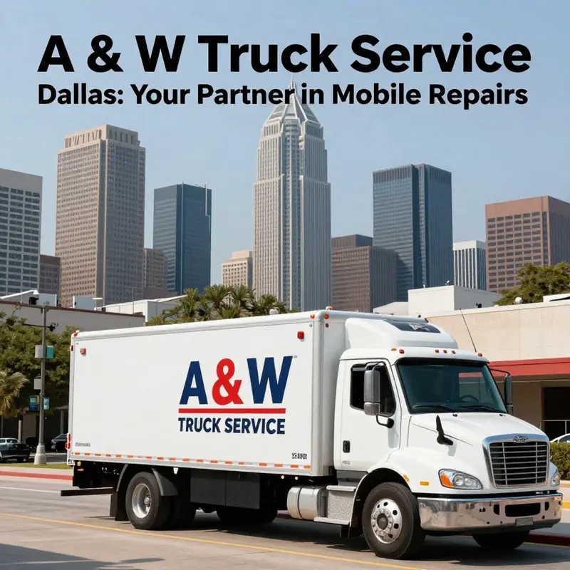The A & W Truck Service logo in front of the Dallas skyline, representing their mobile repair services in the area.