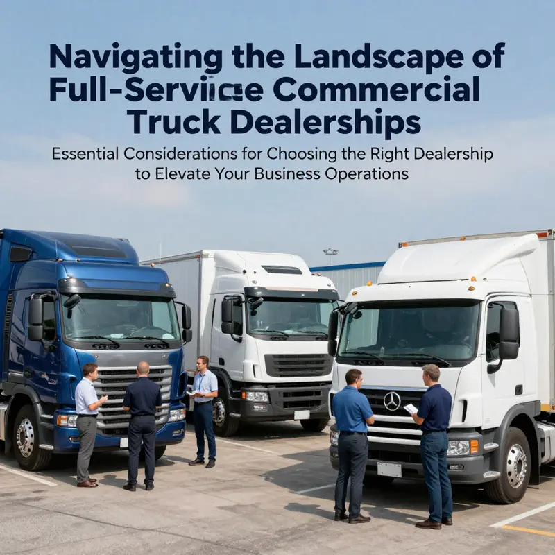 A bustling commercial truck dealership scene with various trucks and customer interactions.
