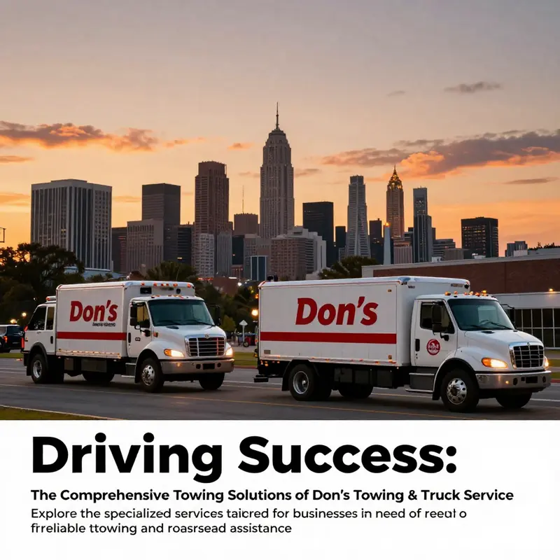 A picturesque skyline at sunset with Don's Towing trucks representing the service commitment to the community.