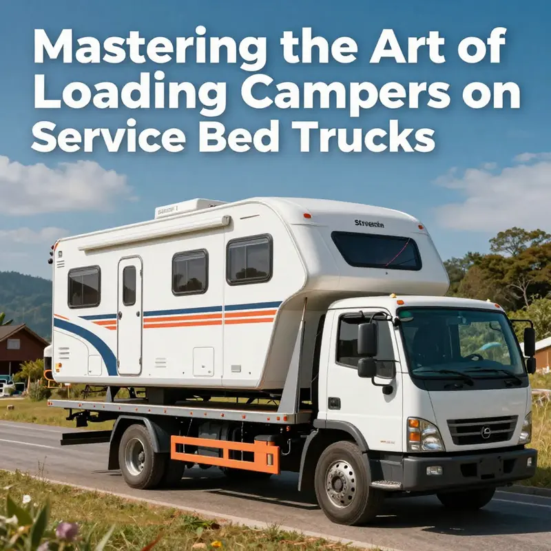 A service bed truck loaded with a camper against a scenic landscape, representing camper transport.