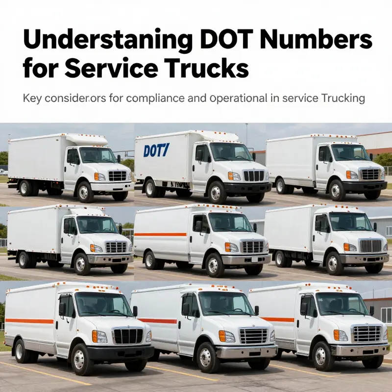 Collage of service trucks from construction, retail, and distribution sectors emphasizing DOT number requirements.