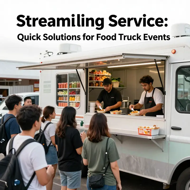 Organized staff efficiently preparing orders at a bustling food truck event.