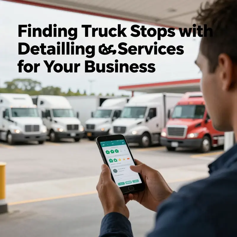 A bustling truck stop featuring trucks being detailed, highlighting the services available.