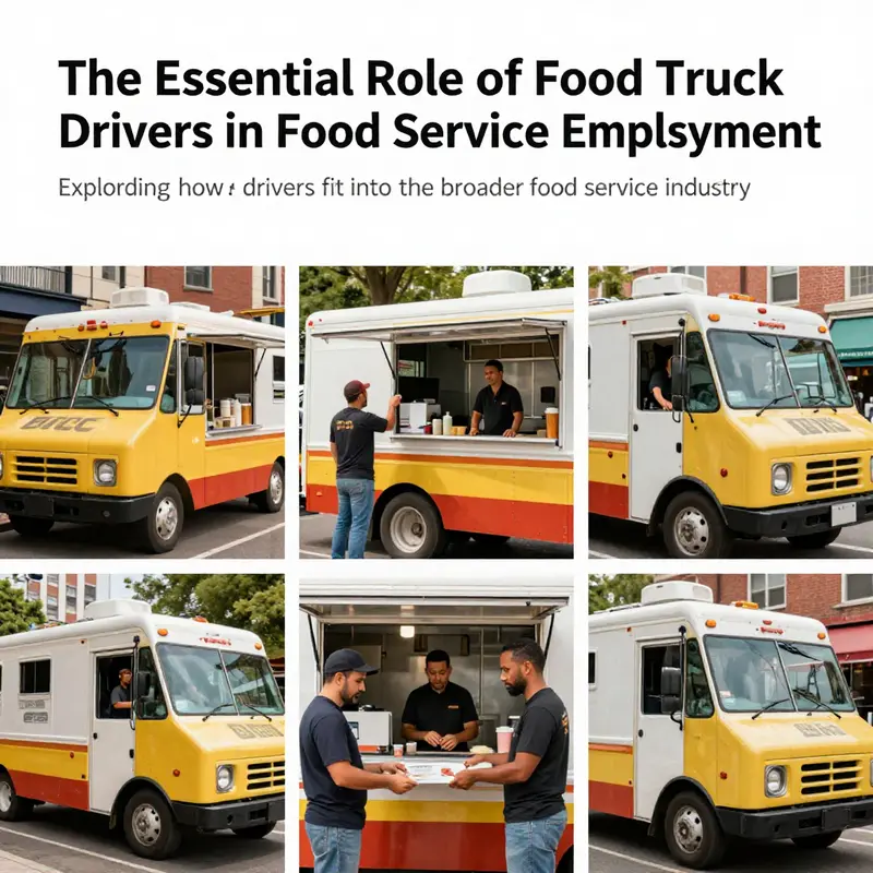 A colorful collage of food truck drivers interacting with customers and preparing food, reflecting their vital role in the food service industry.