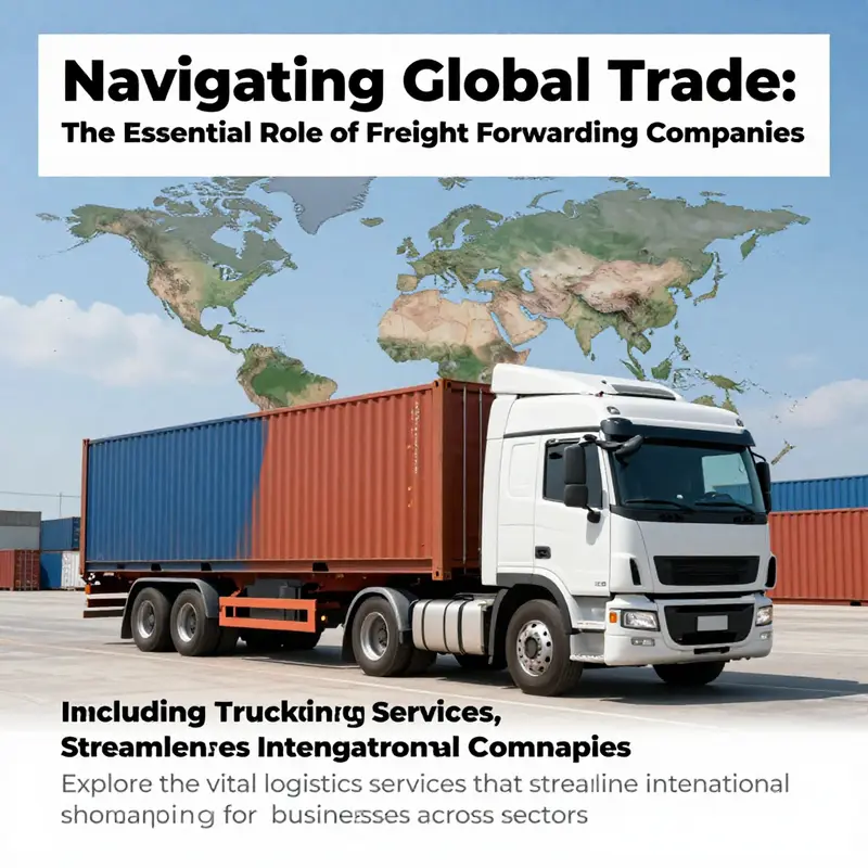 An illustrative visual of global logistics, featuring a cargo truck and shipping containers against a world map.