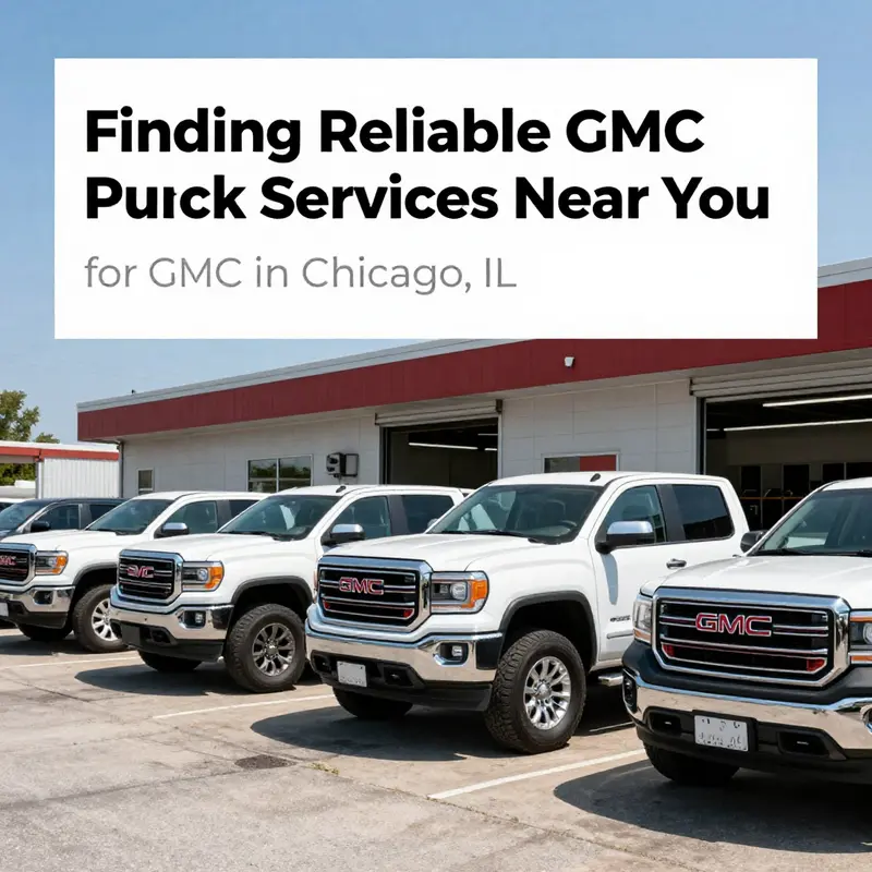 Fleet of GMC pickup trucks parked outside an auto repair shop, indicating readiness for maintenance and repairs.