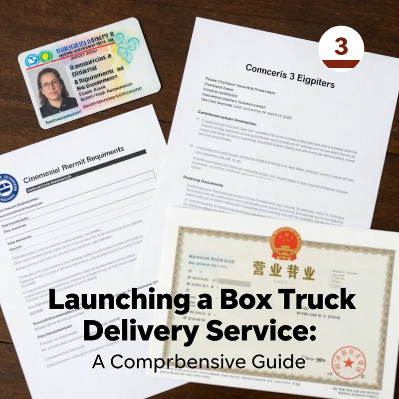 Illustration of business planning for a box truck delivery service with essential documents and strategic tools.