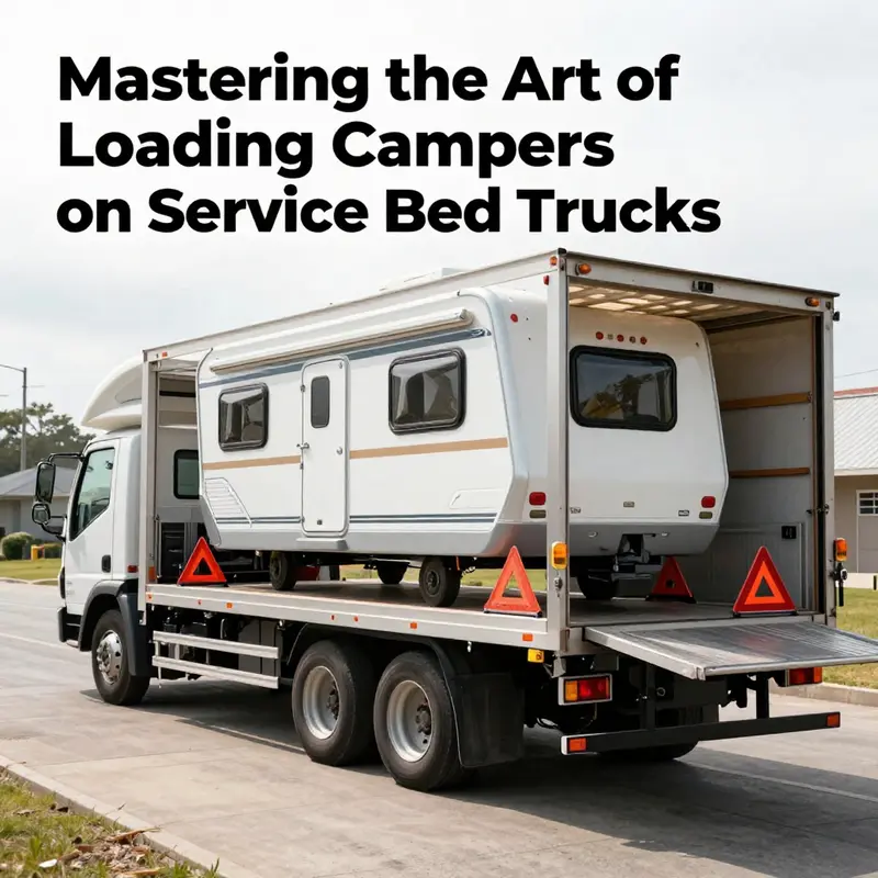 Safety measures in place before loading the camper onto the service bed truck.
