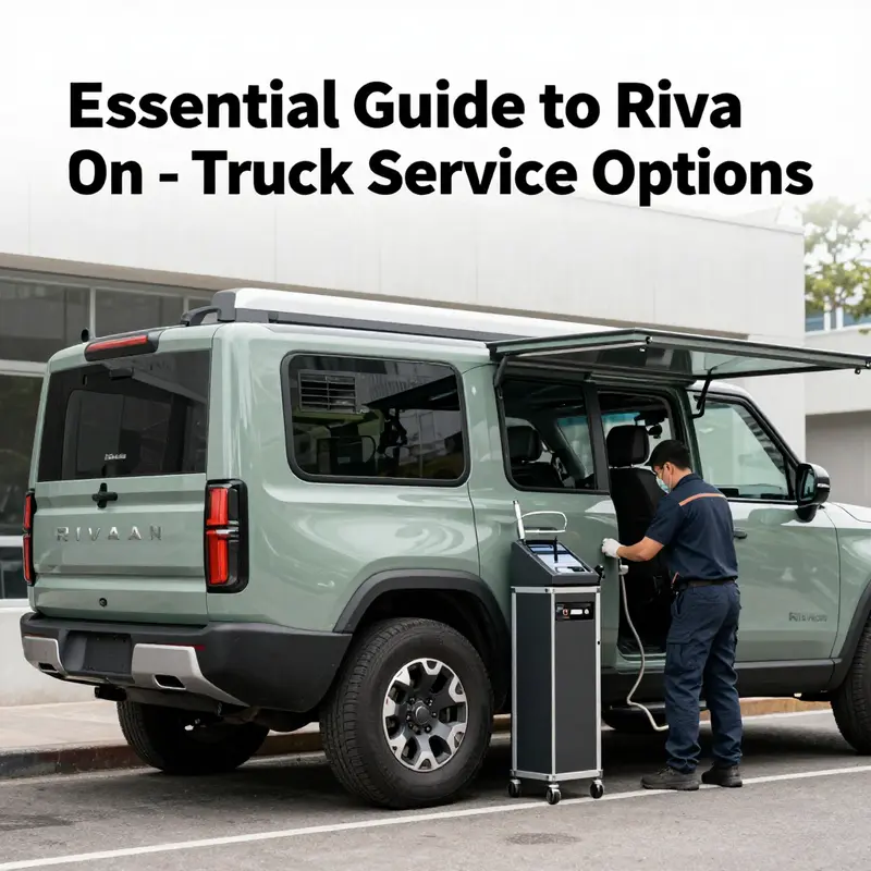 A technician conducts maintenance on a Rivian truck using mobile service equipped with the latest tools.