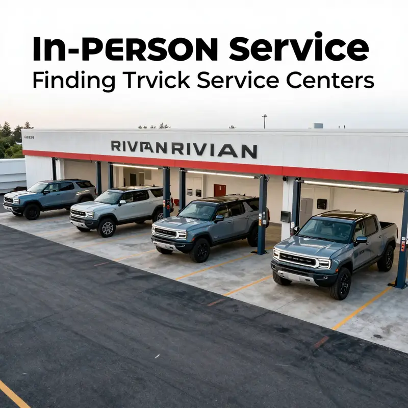A technician conducts maintenance on a Rivian truck using mobile service equipped with the latest tools.