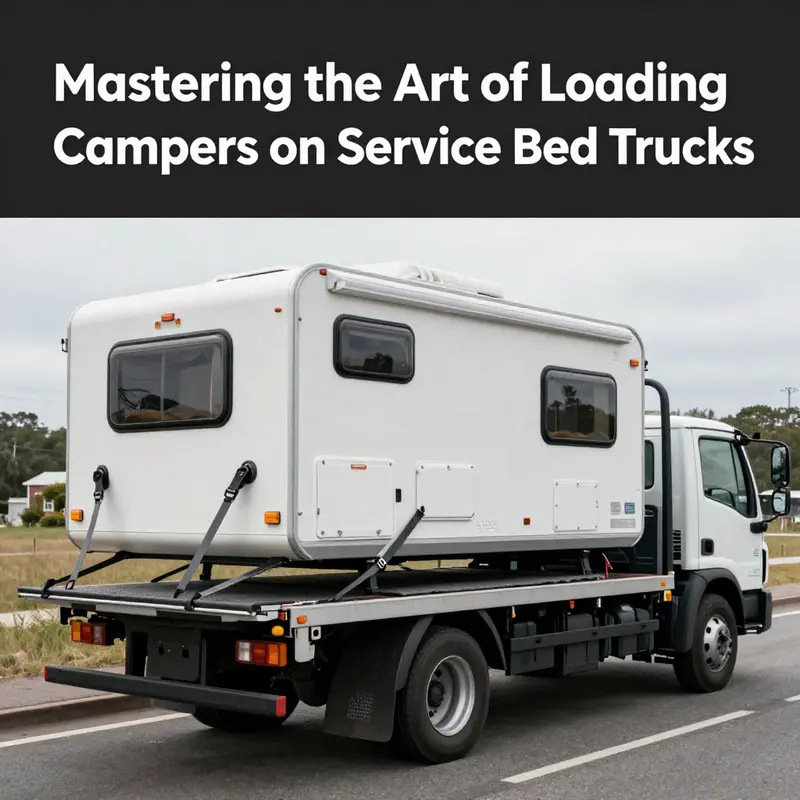 Safety measures in place before loading the camper onto the service bed truck.