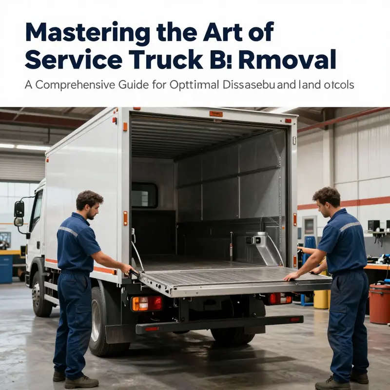 A service truck undergoing bed removal in a professional workshop setting, highlighting teamwork and attention to detail.