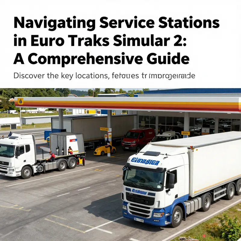 A vibrant depiction of various trucks and personnel at a service station in Euro Truck Simulator 2, reflecting real-life logistics.