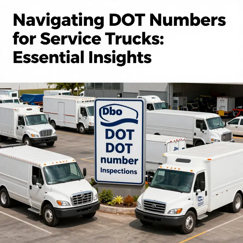 A vibrant service truck depot filled with various trucks and regulatory signs, illustrating the relevance of DOT compliance requirements.