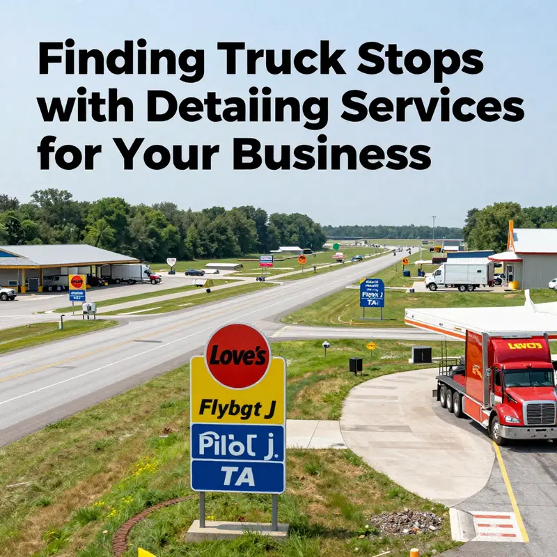 A bustling truck stop featuring trucks being detailed, highlighting the services available.