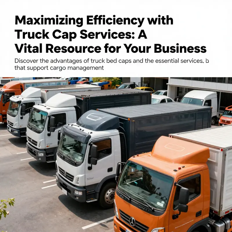 Multiple pickup trucks with truck bed caps in an urban landscape, demonstrating their applications in business.