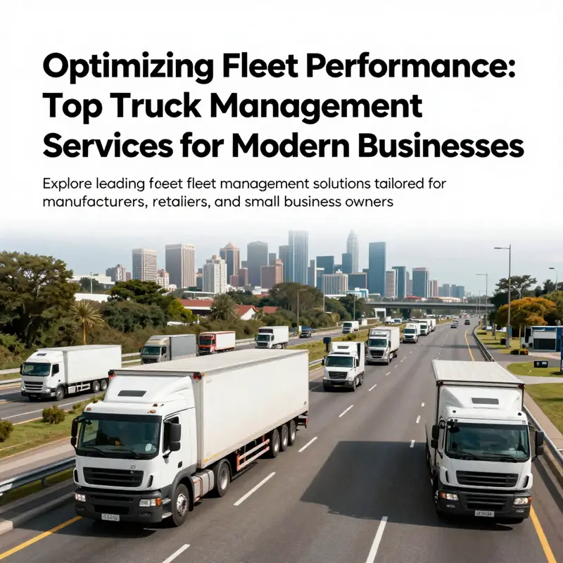 A panoramic view of a truck fleet on a highway with a city skyline.