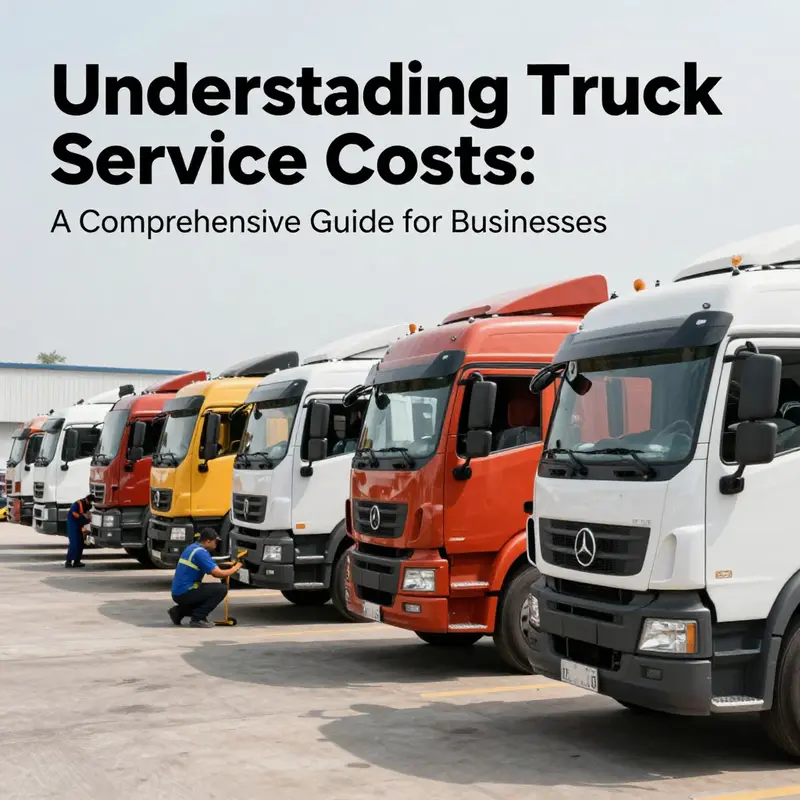 Multiple trucks in a service yard, each receiving different types of maintenance, showcasing the variety of truck service costs.