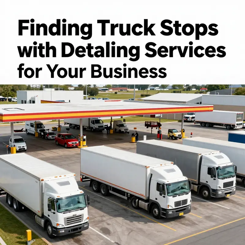A bustling truck stop featuring trucks being detailed, highlighting the services available.
