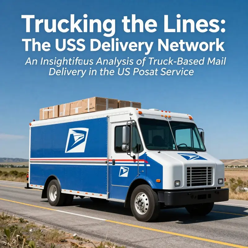 A USPS truck driving on an open road, symbolizing the essential truck-based mail delivery system employed by the US Postal Service.