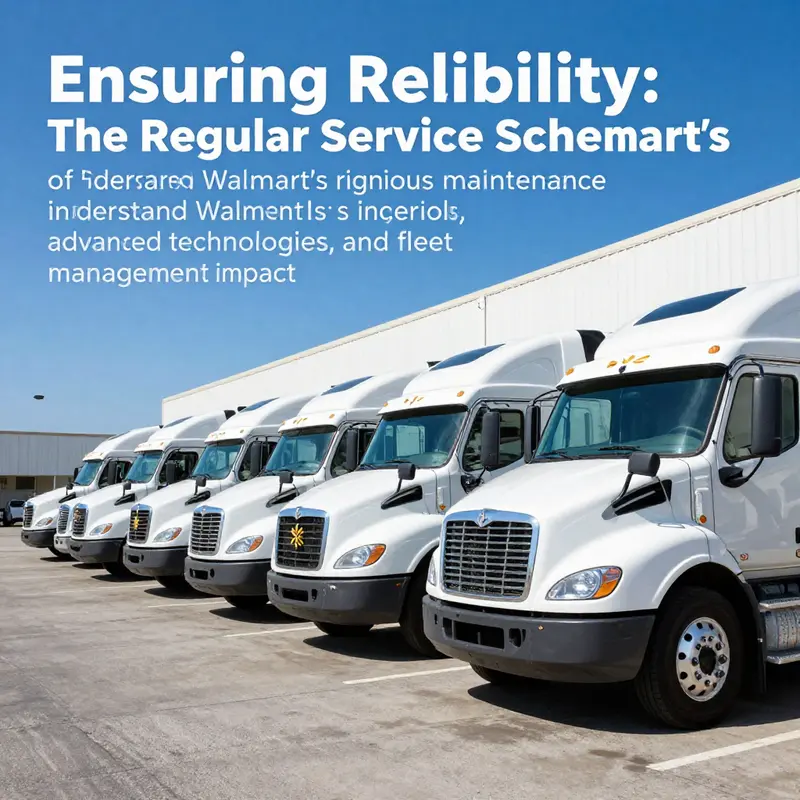 A fleet of Walmart trucks parked at a distribution center under a clear blue sky.