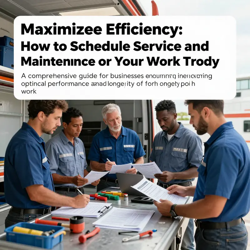 Group of professionals engaged in a discussion about work truck maintenance, with tools and checklists present.