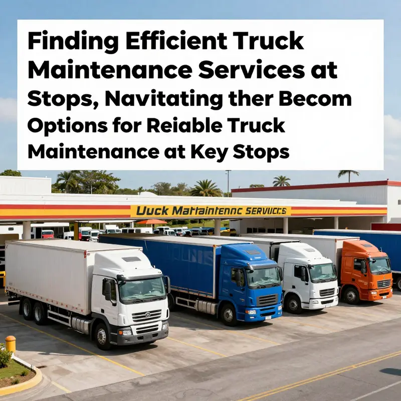Panoramic view of a truck stop with maintenance service advertisements and multiple trucks.