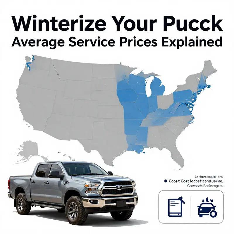 Infographic illustrating the average service prices for winterizing pickup trucks by region.