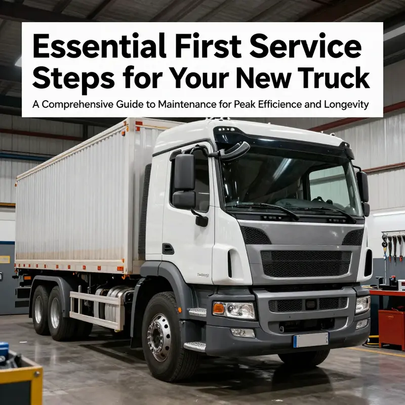 A new truck being serviced in a maintenance bay with tools and technicians surrounding it.