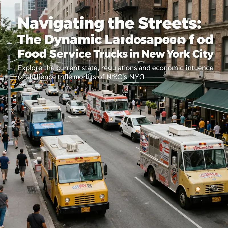 A broad view of a street lined with food trucks in NYC, reflecting the city's dynamic street food culture.