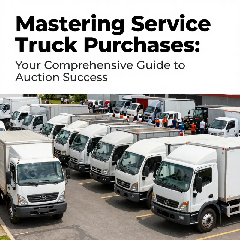 Panoramic view of an auction featuring various service trucks with bidders present.